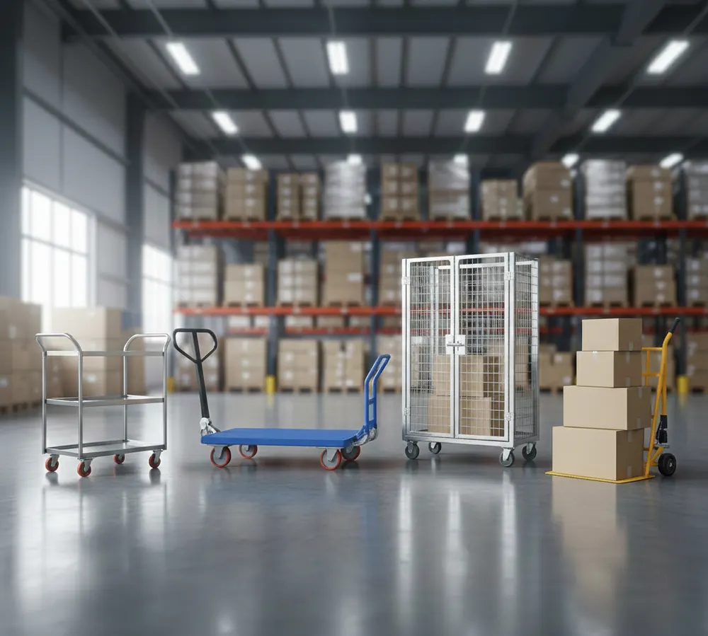 Trolleys and cages in a warehouse