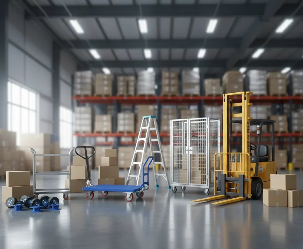 Trolleys, ladders, pallet jacks and cages in a warehouse